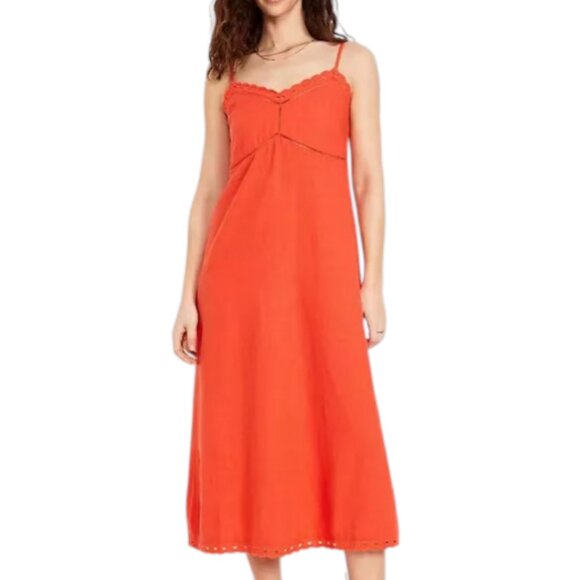 OLD NAVY Orange Dress Small Cami Top Midi Length Crochet Trim A Line Fall Season - Picture 1 of 15